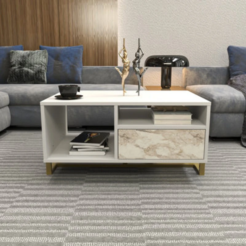 Image of Decorotika - Utopie Modern Coffee Table With Cabinet - White And White Marble Effect, Multi UTP35CT02