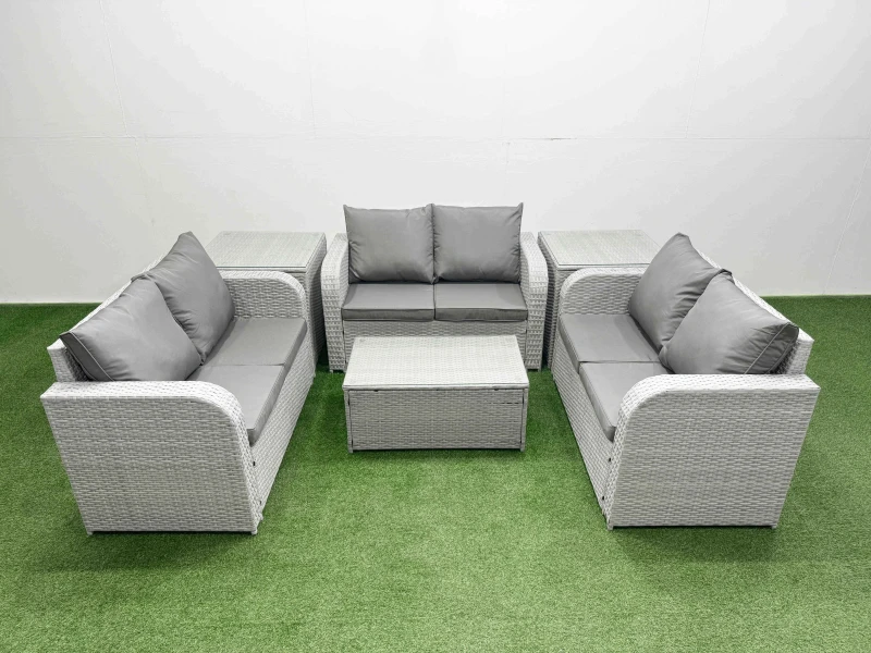 Image of Fimous 6 Seater PE Wicker Rattan Furniture Sofa Sets with Rectangular Coffee Table 2 Seater Love Sofa 2 Side Table Light Grey Light Grey
