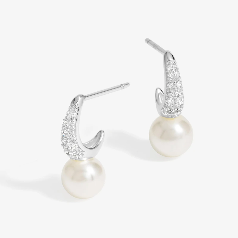Image of Simply Silver Sterling Silver 925 Cubic Zirconia Pave and Pearl Hoop Earrings Silver