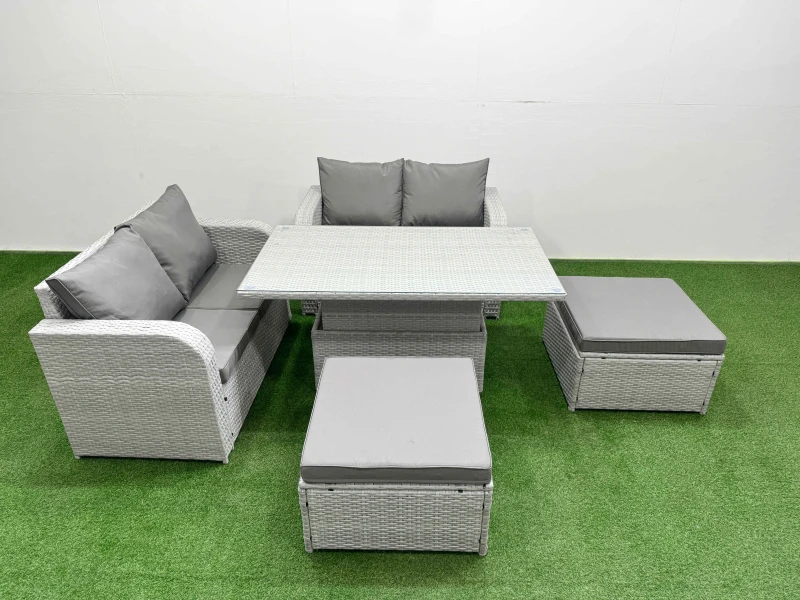 Image of Fimous 6 Seater Outdoor Love Sofa Set Rattan Garden Furniture Set with Adjustable Lifting Dining or Coffee Table 2 Footstool Light Grey Light Grey
