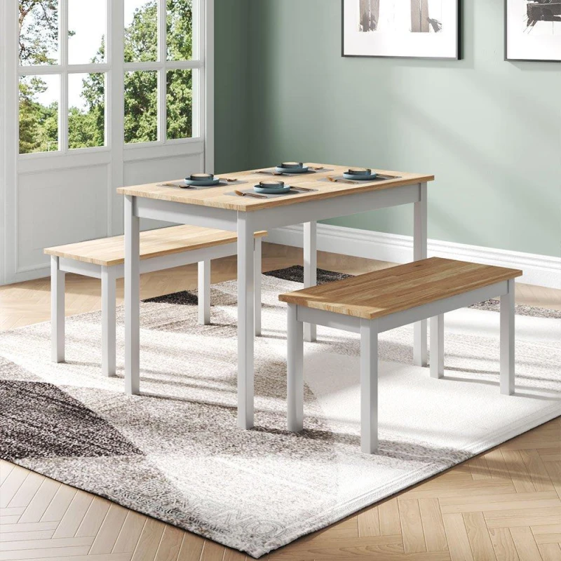 Image of Kabinet UK 3 Piece Modern Wood Dining Table and Benches Set White Brown unisex One size