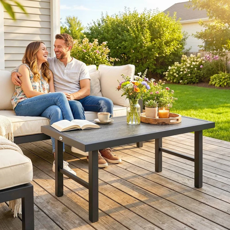 Image of OUTSUNNY Garden Coffee Table with SPC Woodgrain Tabletop, Dark Grey Dark Grey Unisex