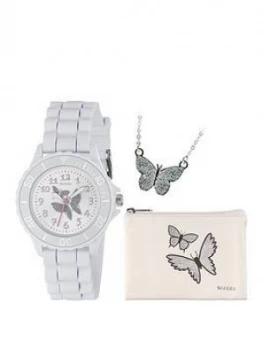 Image of Tikkers Tikkers Silver Butterfly Dial White Silicone Strap Watch With Purse And Necklace Kids Gift Set