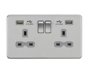 Image of KnightsBridge 13A 2G switched socket with dual USB charger A + A (2.4A) - Brushed chrome with grey insert