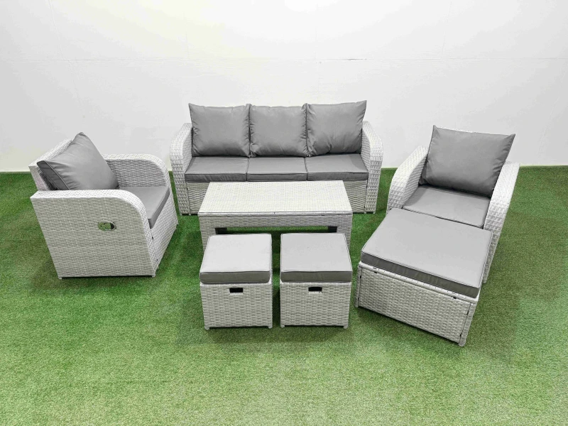 Image of Fimous PE Rattan Garden Furniture Set Reclining Chair Sofa Lounge Sofa Set Rectangular Coffee Table 3 Stools Light Grey Light Grey