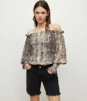 Image of AllSaints Womens Womens Cotton Animal Print Regular Fit Lara Off-The-Shoulder Noche Top, Yellow, Black and Brown, Size: 8, Yellow/Black/Brown