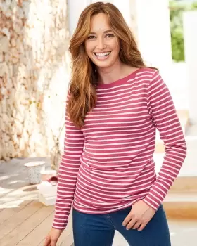 Image of Cotton Traders Womens Wrinkle Free Long Sleeve Boat Neck Stripe Jersey Top in Red