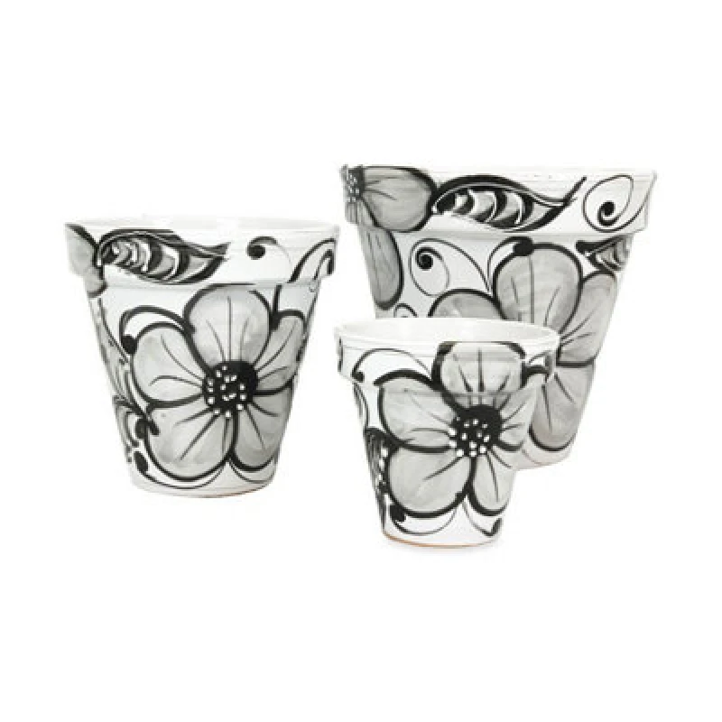 Image of Verano Spanish Ceramics Grey Flowers Hand Painted Set of 3 Outdoor Garden Classic Plant Pots (D) 16-29cm Grey