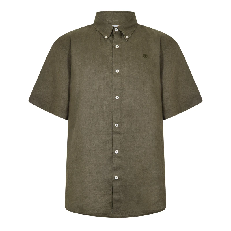 Image of Timberland Mens Linen Short Sleeve Oxford Shirt Leaf Green male M