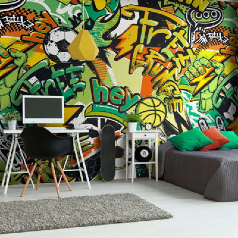 Image of Origin Murals Sports Graffiti Wall Mural in Green Size: W350cm x H280cm Green Unisex W350cm x H280 cm