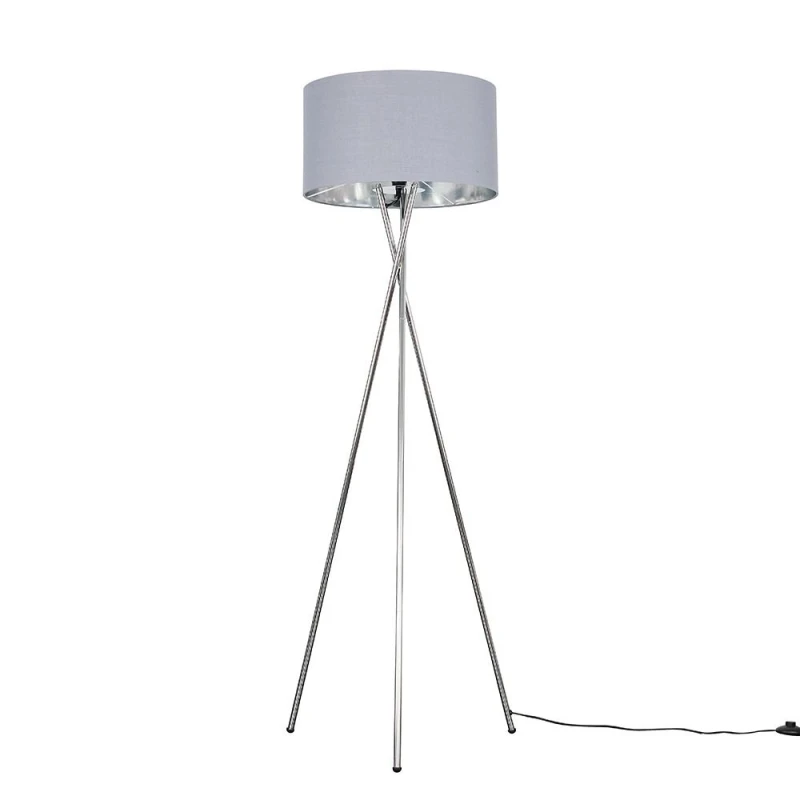 Image of ValueLights ValueLights Camden Grey & Metallic Shade & Chrome Tripod Floor Lamp with Bulb in Metallic Silver Metallic Silver One Size Unisex 505575999