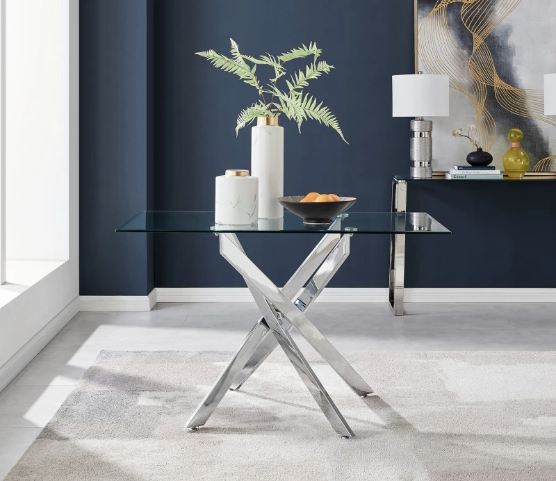 Image of FurnitureboxUK FurnitureboxUK Leonardo 120cm 4-Seater Glass And Chrome Metal Starburst Dining Table in Silver Silver One Size Unisex 5056542640513