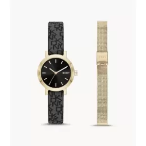 Image of DKNY Womens Soho Three-Hand Black Fabric Watch And Strap Set - Gold