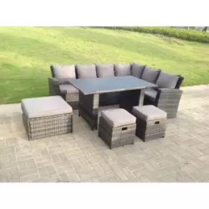 Image of Fimous 6 Seater Outdoor Dark Grey Rattan Lounge Complete Sofa Set with Black Tempered Glass Dining Table, 2 Stools and Big Footstool