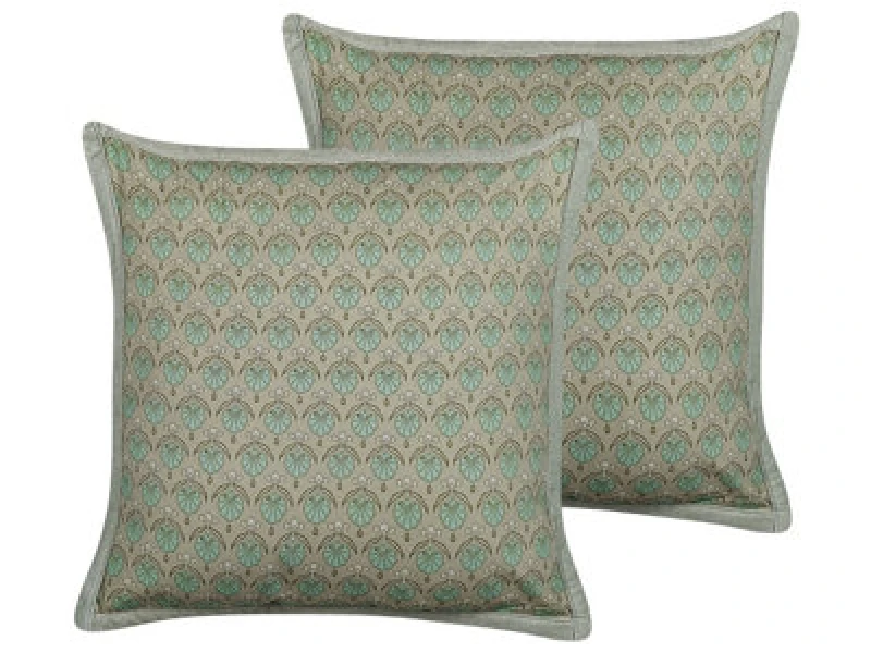 Image of Beliani Set Of 2 Decorative Cushions Pictus Velvet 45 X 45cm Green Plant Pattern