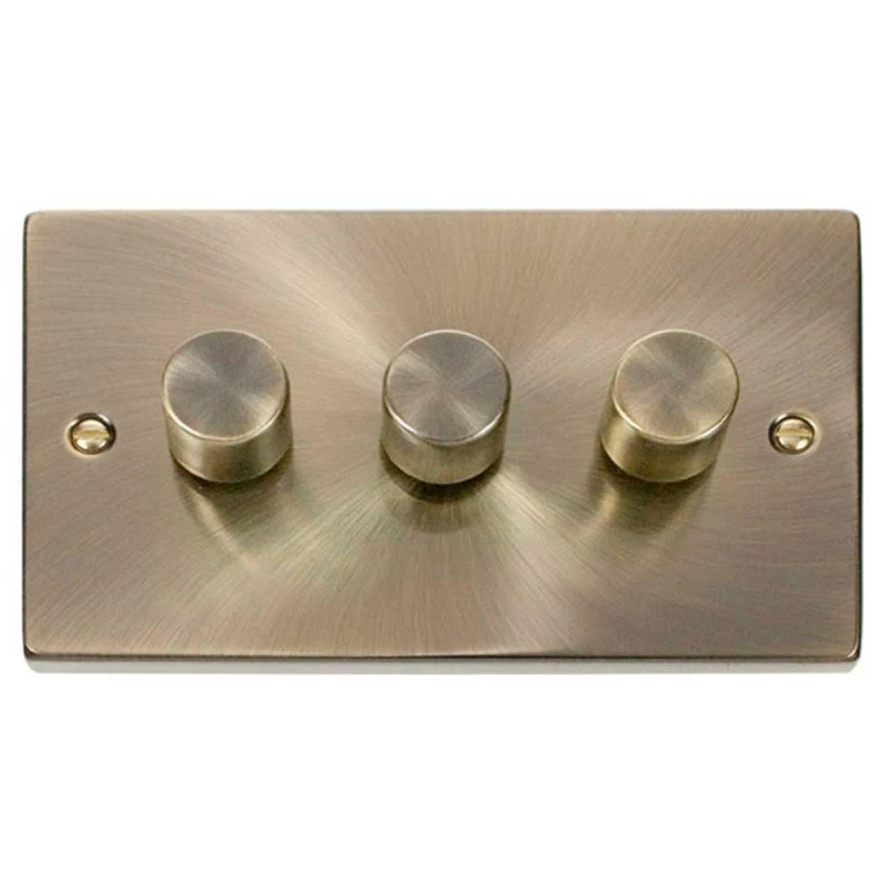 Image of SE Home Antique Brass 3 Gang 2 Way LED 100W Trailing Edge Dimmer Light Switch Gold