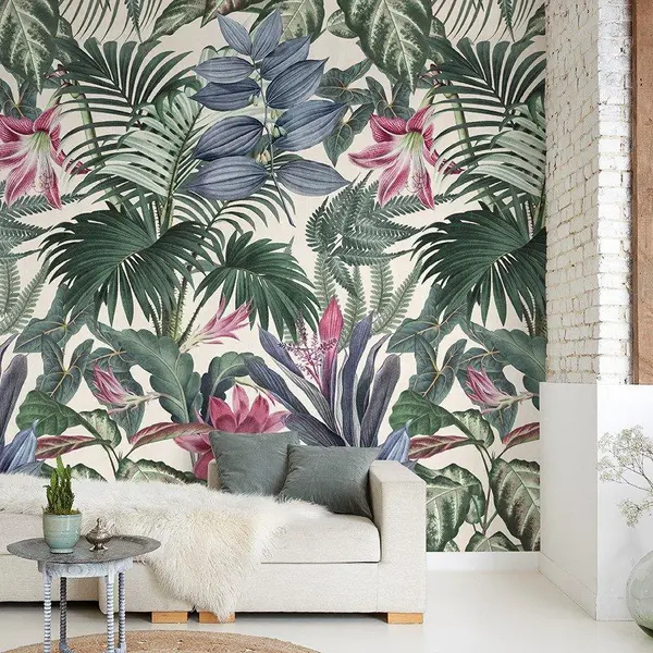 Image of Grandeco Delicate Jungle Botanical XXL Leaves & Flowers Repeatable Wallpaper Mural 159 x 280cm Green