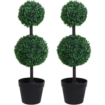 Image of Set of 2 Artificial Trees Plants 2 Balls w/ Black Cement Pot - Outsunny