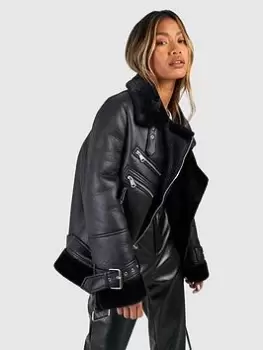 Image of Boohoo Faux Fur Trim Aviator Jacket - Black Size 12, Women
