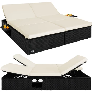 Image of Double Sunlounger King Size Garden Furniture Poly Rattan Sun Lounger Adjustable Day Bed Recliner Folding Tables Model Choice, Black,