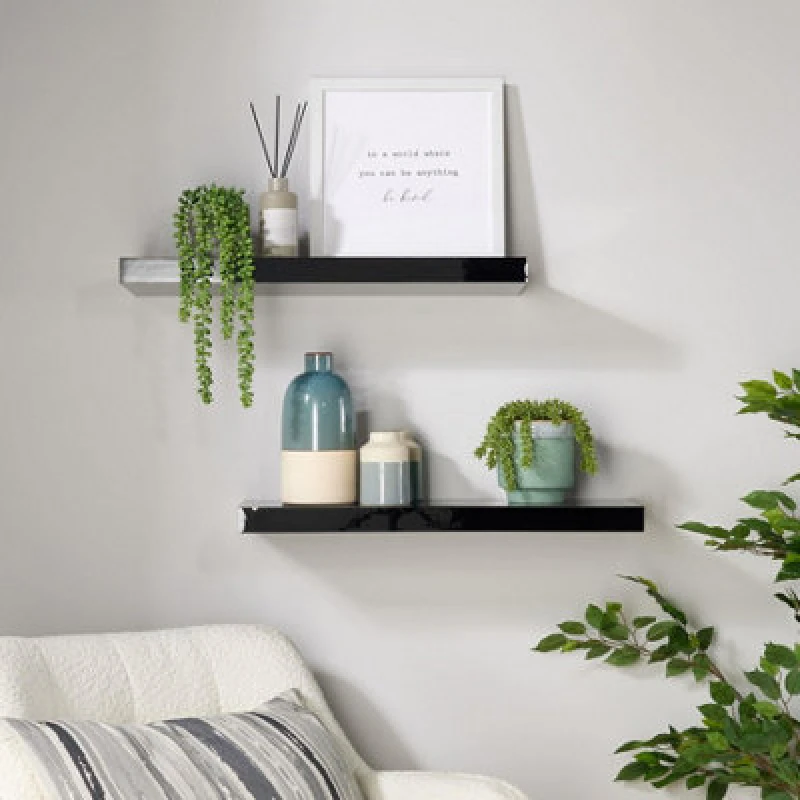 Image of Home Source Cloud Pair Of 60Cm Gloss Floating Wall Shelves Black