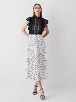 Image of Karen Millen Lace Pleated Skirt Midi Dress - Monogram, Multi, Size 10, Women