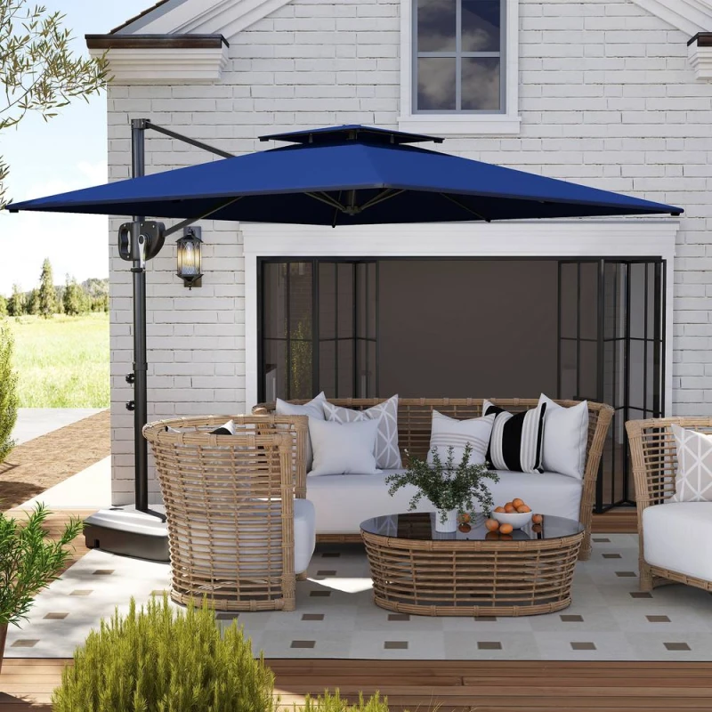 Image of Outsunny Garden Cantilever Parasol w/ Weighted Base Tilt Crank Blue