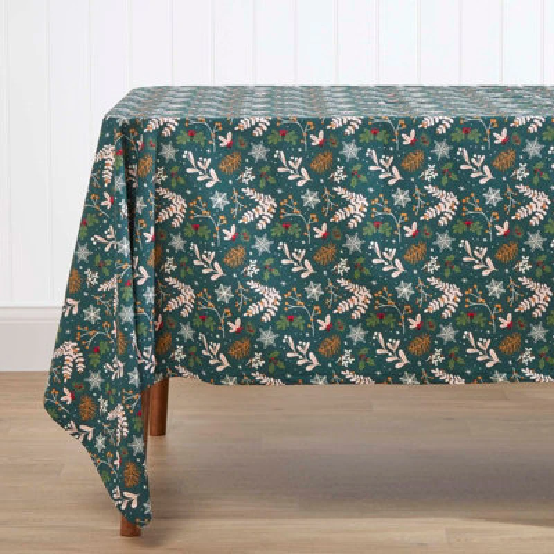 Image of Homescapes Festive Forest Cotton Christmas Tablecloth, 137cm x 137cm Green