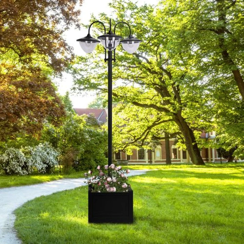 Image of Outsunny 3-head LED Solar Light Lamp Street Light Post with Planter Base, Black Black