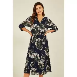 Image of Mela London Navy Floral Print Gold Buckle Midi Dress - Blue