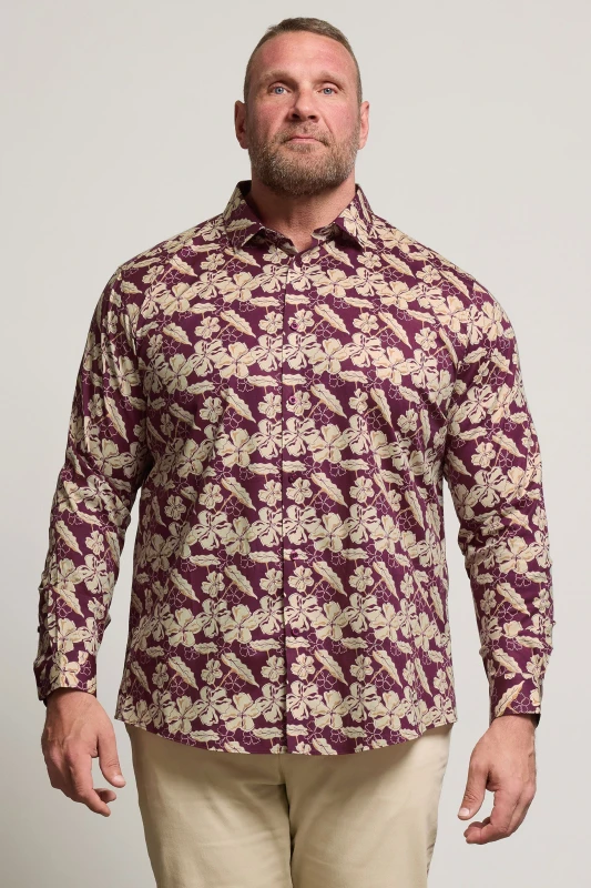 Image of BadRhino BadRhino Men Premium Leaf Print Long Sleeve Shirt in Burgundy Burgundy One Size Male 5063589043603