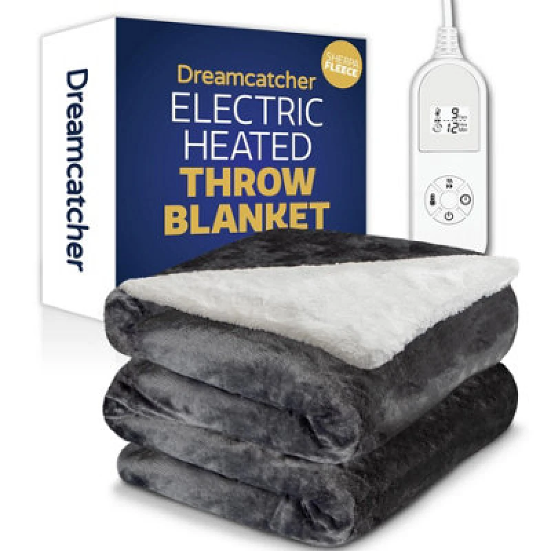 Image of Dreamcatcher Sherpa Fleece Electric Heated Throw Over Blanket Double Polyester 160Cm X 120Cm Dark Grey