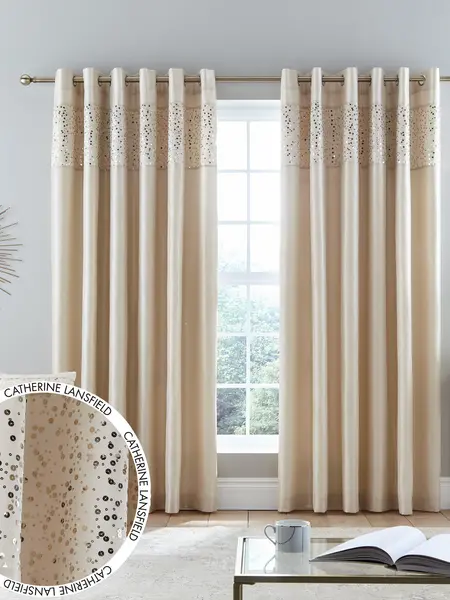 Image of Catherine Lansfield 'Glitzy' Curtains Two Panels Natural