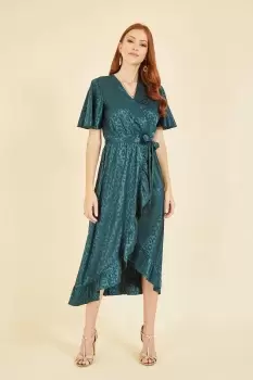Image of Green Jacquard Leopard Print Wrap Midi Dress