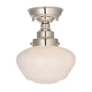 Image of Polished Nickel Semi Flush Ceiling Light Fitting & Opal Glass Shade Low Profile