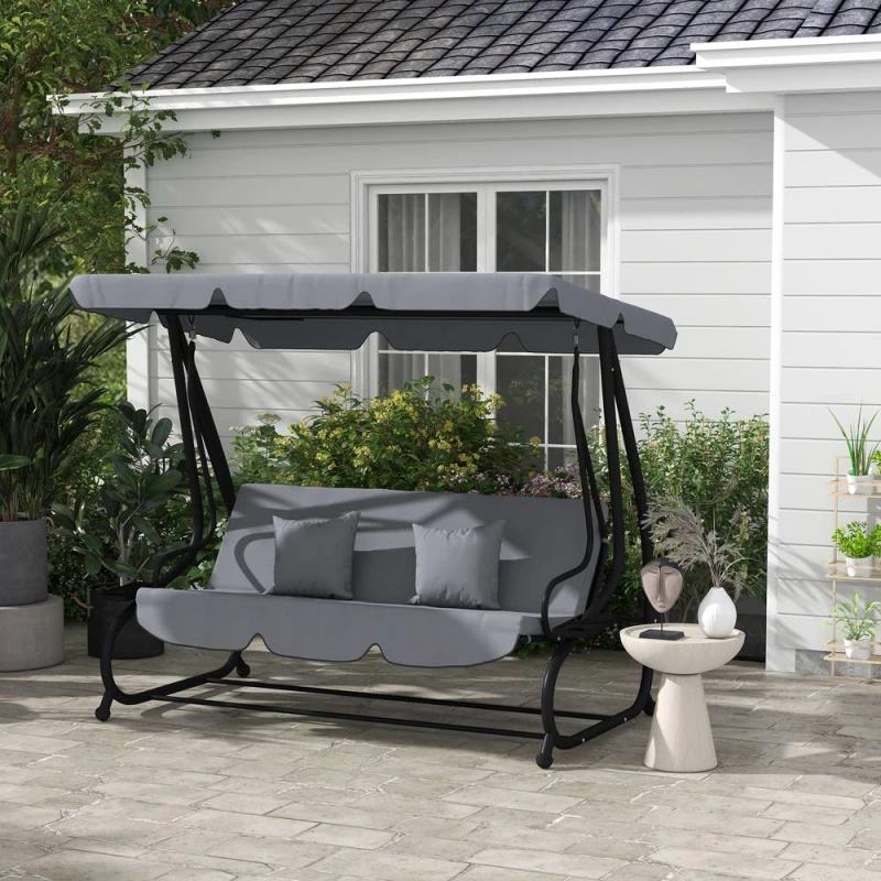 Image of Outsunny 2-in-1 Garden Swing Chair for 3 Person w/ Adjustable Canopy Grey 84A-050V02CG