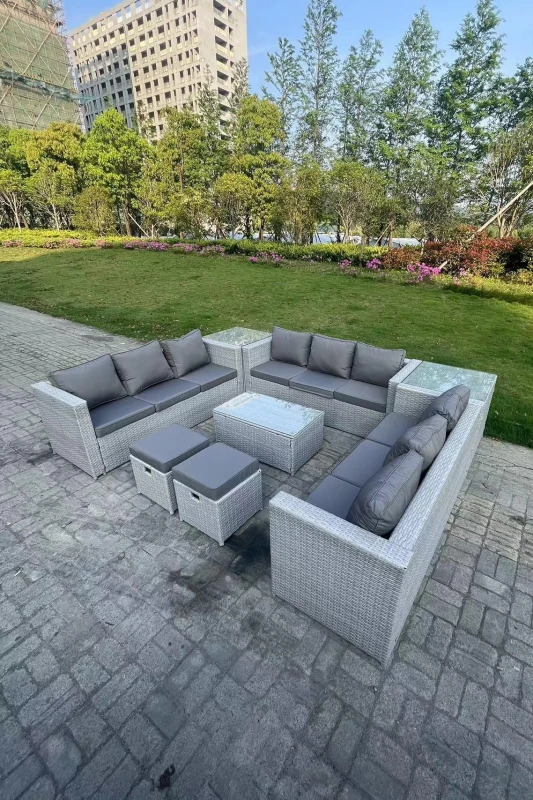Image of Fimous Outdoor Rattan Garden Furniture Set Lounge Sofa Set 2 Coffee Table 2 Footstools Light Grey