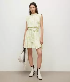 Image of AllSaints Womens Womens Floral Summer Rhys Amanzi Linen Blend Mini Dress, Green and White, Size: 6, Green/White