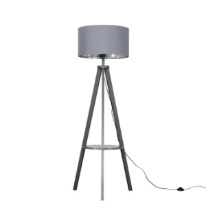 Image of Morrigan Grey Wood Tripod Floor Lamp with XL Grey and Chrome Reni Sha