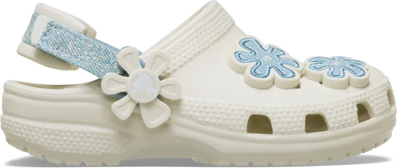 Image of Crocs Kids Toddler Classic Denim Flower Adjustable Backstrap Clogs Summit White C4