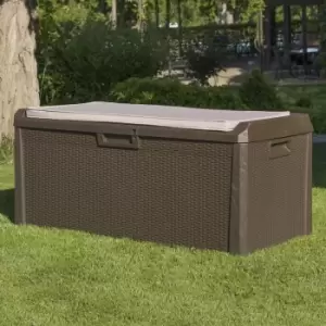 Image of HUGE 550 Litre Plastic Outdoor Garden Storage Chest Brown Rattan with Cushion