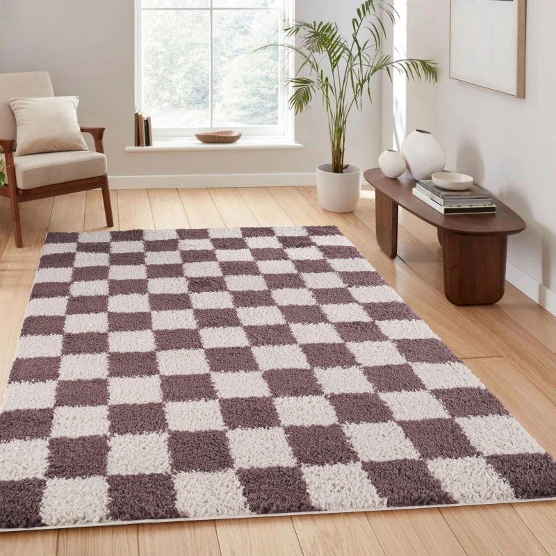 Image of Chester Living Room Shaggy Area Rug Modern - Contemporary Checkered Design - Hallway Runner Indoor Rug Lilac 120X170 Cm