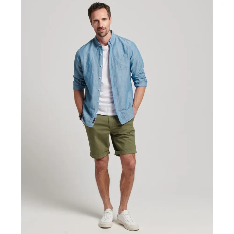 Image of Superdry Button-down linen and organic cotton shirt Superdry Studios Bleu Male S
