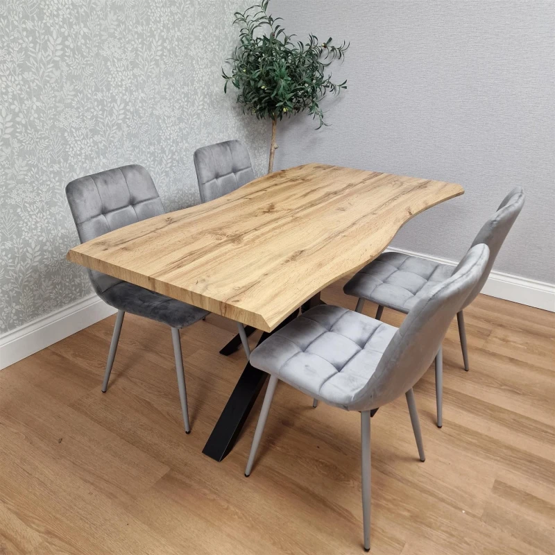 Image of Kosy Koala Dining Set Of Brown Table With Iron Legs And 4 Grey Velvet Chairs, Multi DK140+4GY ROCO