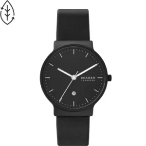 Image of Skagen Ancher Three-Hand Date Black Leather Watch