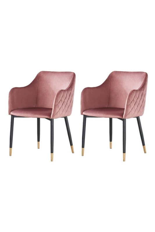 Image of Life Interiors Life Interiors Set of 2 Verona Velvet Dining Chairs with Quilted Back & Black Legs - Modern Accent Chair with Gold Foot Caps in Pink Pi