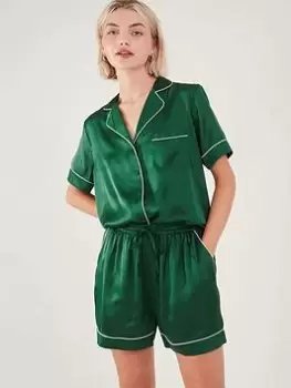 Image of Accessorize Satin Button Down Short Set, Green, Size S, Women