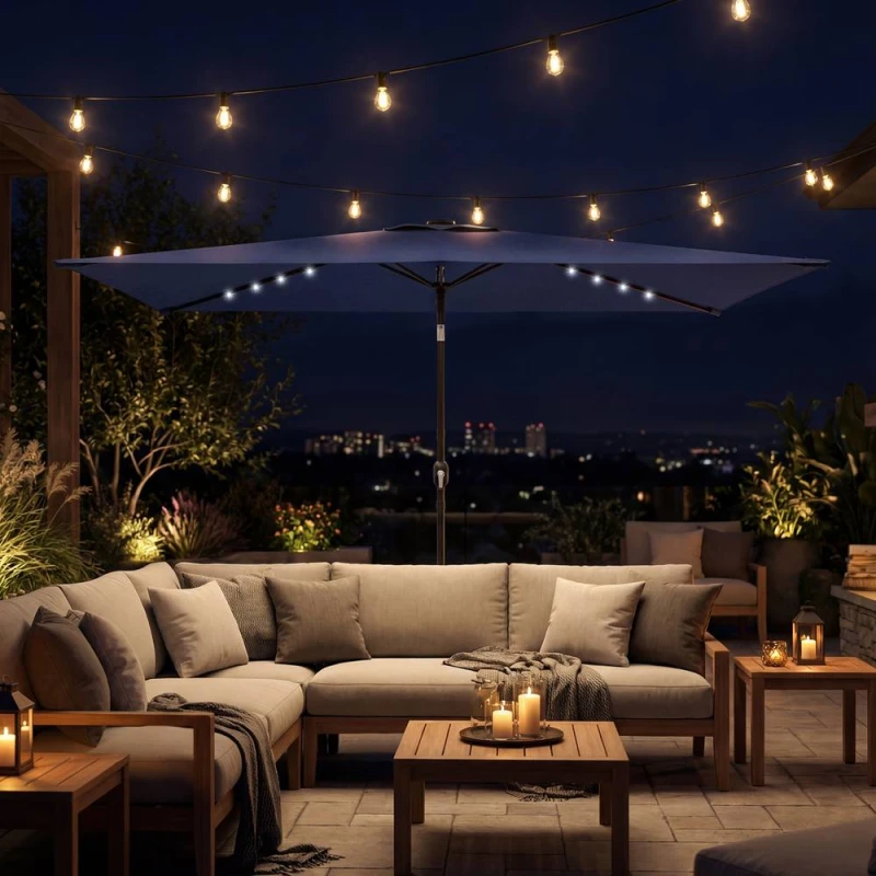 Image of OUTSUNNY 3 x 2m Garden Parasol Umbrella with Light, Outdoor Patio Umbrella in Dark Blue Size: 3m x 2m Dark Blue Unisex 3m x 2m