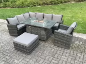 Image of Fimous 7 Seater Outdoor Dark Grey Rattan Lounge Complete Sofa Set with Gas Fire Pit Dining Table, Heater and Big Footstool
