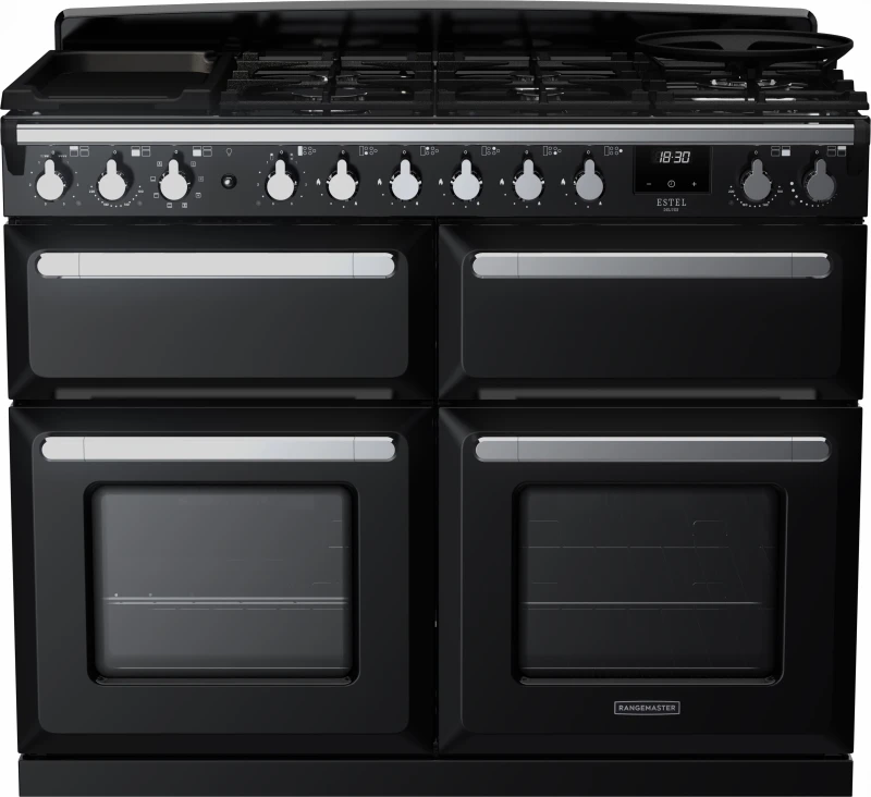 Image of Rangemaster Estel Deluxe ESDLB110DFPGBL/CM1 110cm wide Dual Fuel Range Cooker with Gas Hob - Black / Chrome - A/A Rated